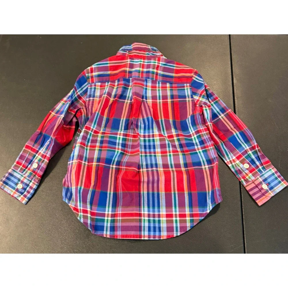 Ralph Lauren Boys 2/2T Button Down Shirt Red Blue Plaid Natural Stretch Long Sle